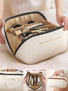 1pc Travel Dual Layer Cosmetic Bag, PU Leather Waterproof Makeup Bag, Large Capacity Toiletry Pouch, Beach Bag, Travel Bag, Portable Makeup Organizer, Makeup Brush Holder, Essential For Holiday, Gift For Friends, Mother's Day, Teacher, Bridesmaid