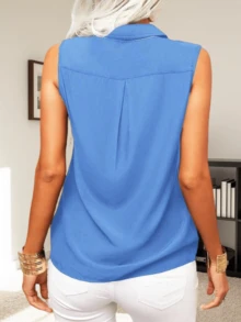 Women's Solid Lapel Sleeveless Tank Tops Summer Button Down Shirts Office Ladies Shirts - Màu xanh lam - Xem 2