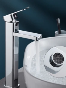 1 件装现代黑色单把手浴室水龙头 - 台面安装，瀑布式出水嘴，黄铜材质，简约设计，节水，标准螺纹连接 - 彩色 - 查看 1