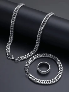 3 件套男士日常休闲简约百搭不锈钢项链、手链和戒指套装