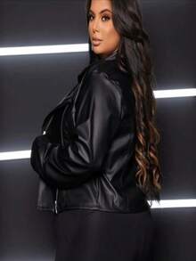 Women's Faux Leather Jacket Plus Size Winter Elegant Cold Coat G1 To G3 - 黑色 - 查看 2