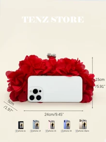 Elegant Red Floral Petal Satin Evening Clutch Bag – Double Chain Design, Handheld & Crossbody, Perfect For Prom, Spring Weddings, Parties, Cocktail Events, Vacation Looks, Graduation, Gender Reveal Party And Formal Occasions