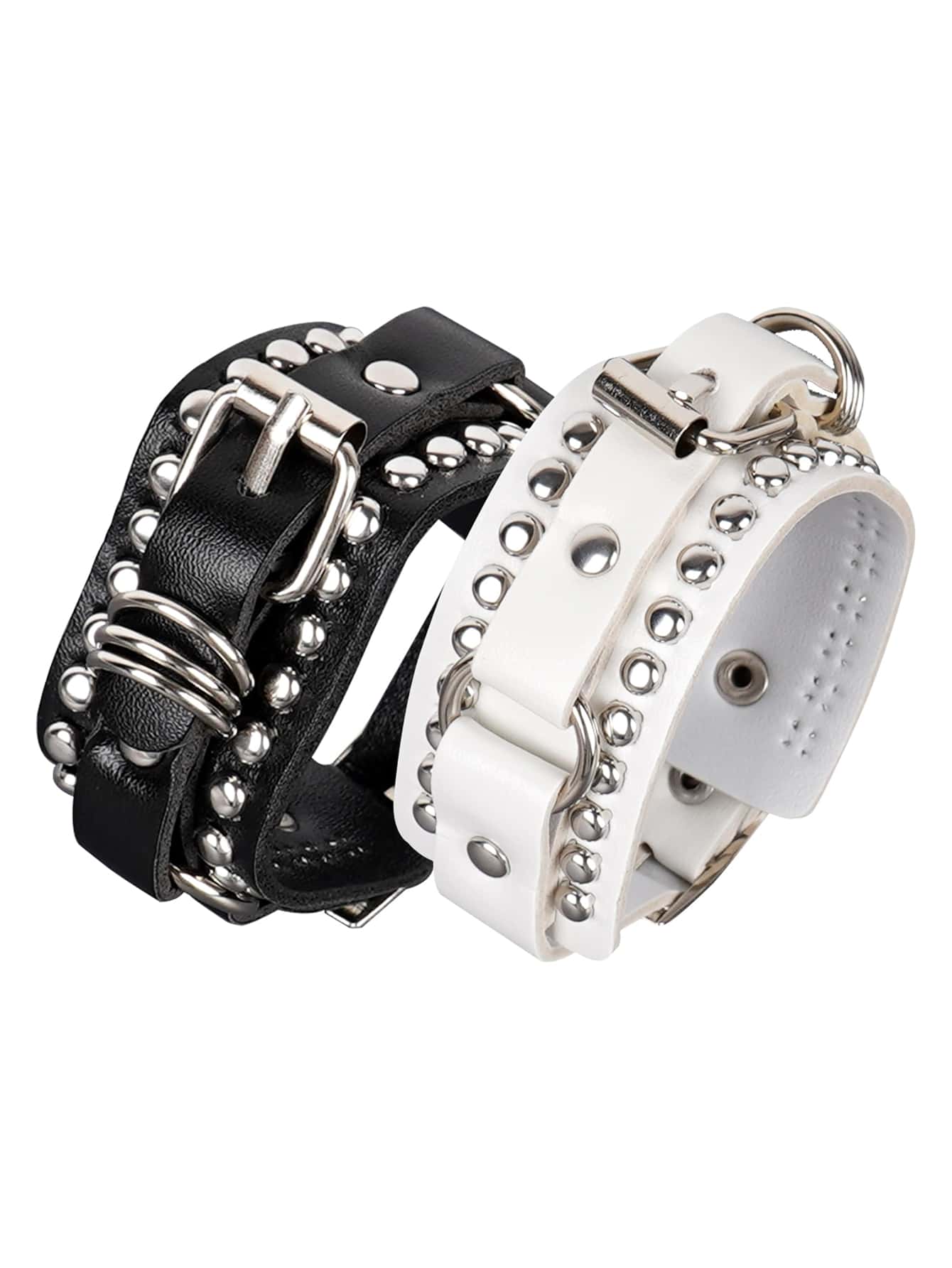 Yanxyad Punk Cuff Bracelet Studded Rock Wristband Sets For Men Women, Adjustable Strap Bangle, Goth Bracelets Jewelry Set Vintage 80s Emo Style, PU Leather, Unisex Fashion Wristbands -Black & White