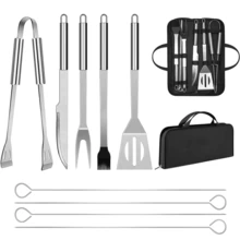10件套不锈钢烧烤配件套装，便携实用，包含烧烤工具和餐具，配有收纳袋，适合户外烧烤、露营和后院用餐，是理想的父亲节烧烤礼物。