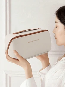 1pc Travel Dual Layer Cosmetic Bag, PU Leather Waterproof Makeup Bag, Large Capacity Toiletry Pouch, Beach Bag, Travel Bag, Portable Makeup Organizer, Makeup Brush Holder, Essential For Holiday, Gift For Friends, Mother's Day, Teacher, Bridesmaid