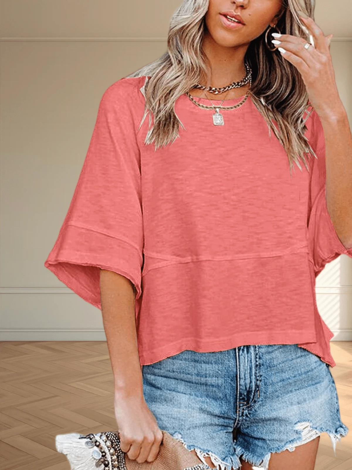 Women's Summer Casual Crewneck Batwing Half Sleeve T-Shirts Solid Color Loose Fit Cute Basic Flowy Tops Tees Blouses - Hồng - Xem 1