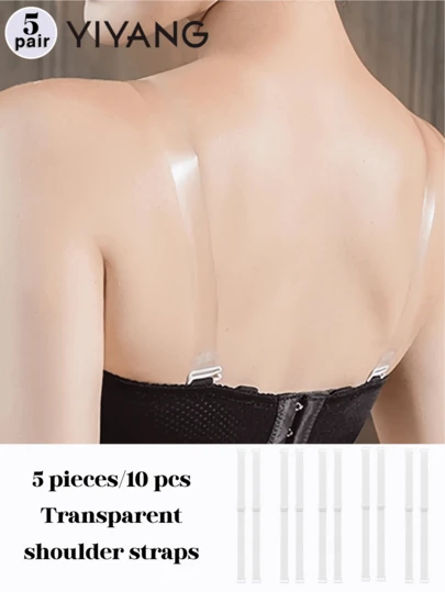 YIYANG 10件/5双透明隐形内裤带可拆卸可调节肩带，弹力硅胶防滑贴身内衣配件，夏季必备肩带