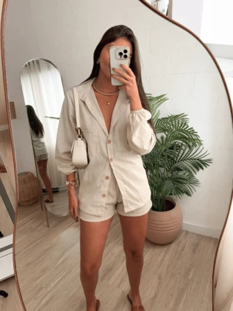 Conjunto Feminino Linho Manga LONGA Shorts e Camisa