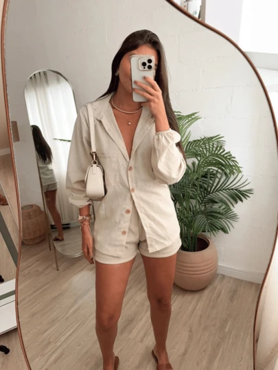 Conjunto Feminino Linho Manga LONGA Shorts e Camisa