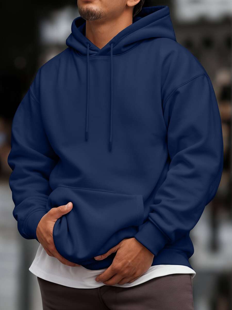 Men's Sweatshirt Kangaroo Cold Weather Top With Plain Hood Without Print - Azul Marino - Ver 1
