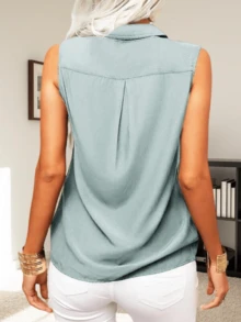 Women's Solid Lapel Sleeveless Tank Tops Summer Button Down Shirts Office Ladies Shirts - 淺綠色 - 查看 2