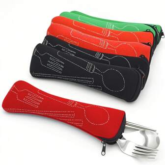 1pc Multi-Color Stainless Steel Cutlery Set Storage Bag | Reusable Carry Case - 9.44 Inches, For Work, School And Outdoor Travel, Excludes Fork, Spoon, Knife, Picnic Accessories