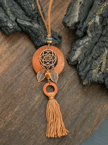 TopHanqi Conjunto de 3 joias vintage boêmias - colar com pingente longo, brincos de borla com desenho de folha, versátil para uso diário, festas e deslocamentos