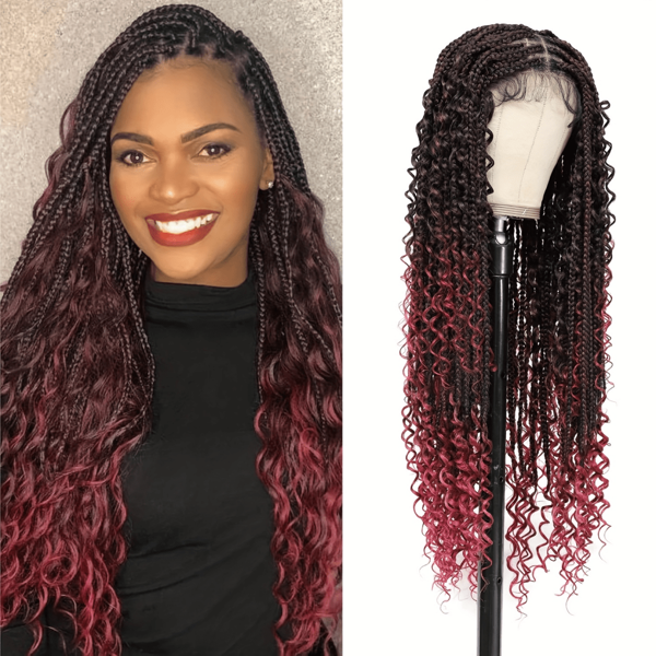 Perruque tressée boho sans nœud pour - Double dentelle frontale avec, cheveux synthétiques rouge bordeaux, perruque tressée bohème à 180% de densité, respirante et confortable, aspect naturel pour le quotidien et les occasions spéciales, avec une ligne de cheveux réaliste
