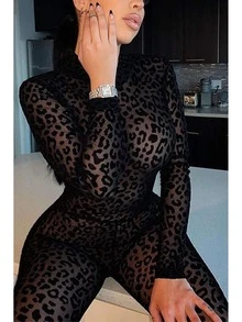 Fashionable Leopard Print Long Sleeve Bodysuit - màu đen - Xem 3