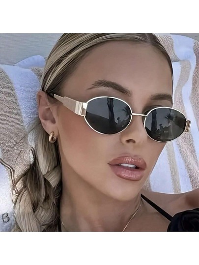1 pieza Gafas de metal ovaladas retro con montura pequeña, estilo de moda callejera, adecuadas para atuendos de mujer de otoño/invierno, playa de verano, actividades al aire libre, senderismo, vuelta al colegio