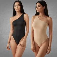 KIT 2 Body Feminino Suplex Mula Manca Com Forro Duplo Alça fina um Ombro Premium - PRETO NUDE - Visão 1
