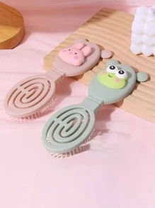 1 pieza Conjunto de espejo de bolsillo y peine de masaje con diseño de dibujos animados lindos y de moda, peine pequeño plegable hueco de plástico portátil para mujeres
