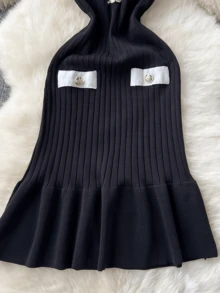 Đầm nữ mùa hè mới, đầm dệt kim tay ngắn cổ chữ V ôm eo thanh lịch, đầm len ôm dáng cổ chữ V, đầm ôm sát kiểu nữ thần duyên dáng, trang phục công sở trưởng thành, đầm dự tiệc màu đen. - màu đen - Xem 4