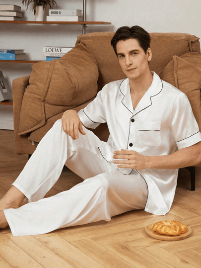 Plus Size Men Summer Pajama Set - Casual V-Neck Short Sleeve Button Top & Long Pants, Breathable Polyester, Machine Washable, Big Size