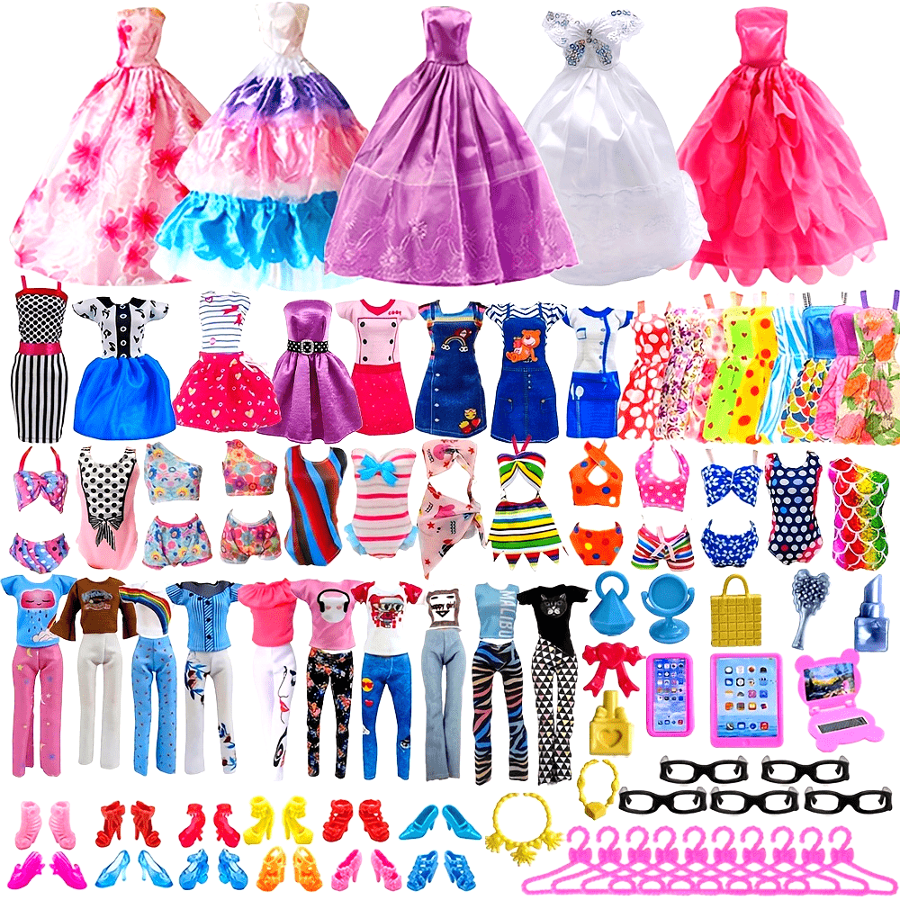 [Estilo aleatorio] 53 piezas Ropa y accesorios aleatorios para muñecas: 5 piezas Conjuntos de moda, 3 piezas Vestidos, 3 piezas Bikinis, 5 piezas Ropa, 10 pares Zapatos, 5 pares Gafas, 10 piezas Perchas, 12 piezas Bolsas de maquillaje y accesorios para ordenador de 11,5" para muñecas