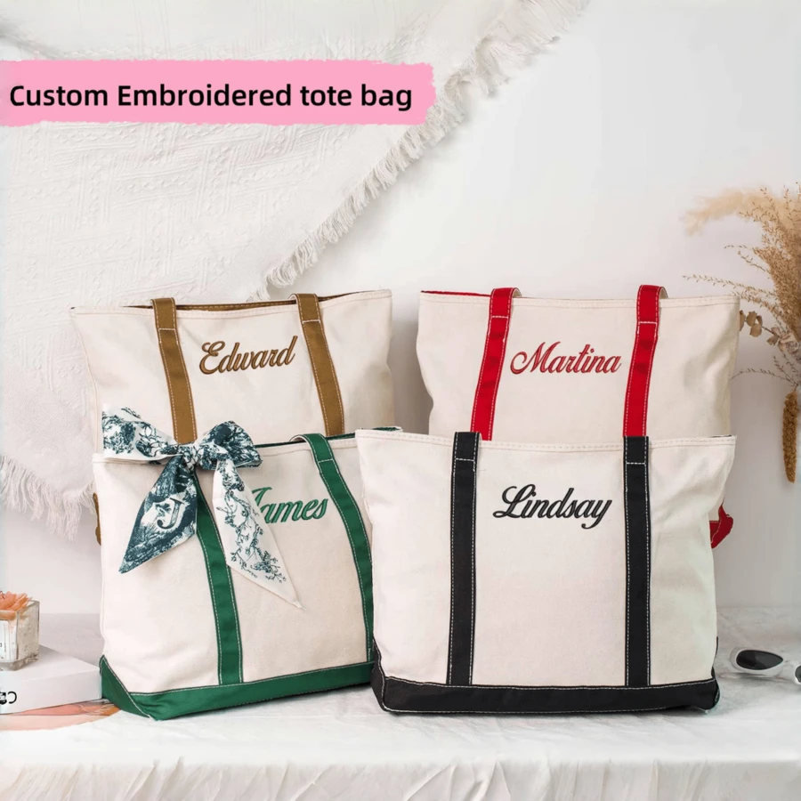 Custom Canvas Tote Bags, Personalized Bridesmaid Gift, Monogrammed Embroidery Tote, Large Capacity Travel Organizer, Custom Text Gift For Her