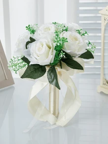 1 pièce Bouquet de mariage pour la mariée aux fleurs de Gypsophile roses, bouquet blanc pour la mariée, bouquet de fleurs artificielles pour le mariage, bouquet de demoiselle d'honneur avec ruban de soie, Saint-Valentin, décoration de bouquet de roses en perle, dentelle et maille