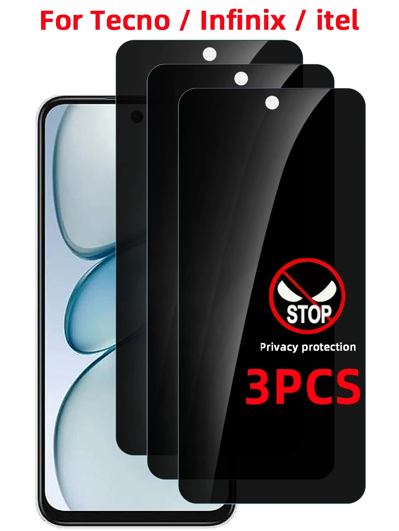 3 件钢化玻璃屏幕保护膜，防窥视，兼容 Infinix 和其他手机型号，防刮，易于安装，隐私保护礼物，生日、家人、朋友手机屏幕保护膜，手机配件防水防震防摔防摔防指纹全覆盖 - 黑色 - 查看 1