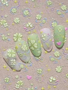 一款幸运主题四叶草美甲装饰贴纸，浮雕立体简约清新幸运四叶草，适合个人DIY和日记本水杯装饰 - 綠色 - 查看 4