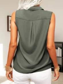 Women's Solid Lapel Sleeveless Tank Tops Summer Button Down Shirts Office Ladies Shirts - Army Green - View 2