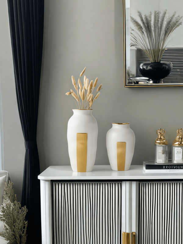 1 pezzo Vaso in ceramica bianco puro con stampa in oro adatto per soggiorno, ingresso, scaffale, davanzale, display multiscenario, composizione floreale