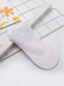 1 pièce Chaussettes courtes pour femme en maille respirante de couleur unie avec motif de feuilles et garniture en dentelle, chaussettes polyvalentes d'été pour la cheville