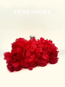 Elegant Red Floral Petal Satin Evening Clutch Bag – Double Chain Design, Handheld & Crossbody, Perfect For Prom, Spring Weddings, Parties, Cocktail Events, Vacation Looks, Graduation, Gender Reveal Party And Formal Occasions