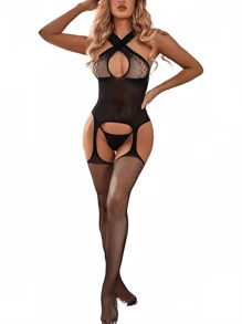 Women's Fishnet Teddy Sexy Lingerie Lace Flexible Sling Lingerie Mesh Bodysuit Babydoll Chemise Nightwear Halter Garter Dress,Sexy Lingerie