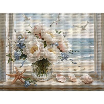 1 pezzo Fiori sul davanzale del mare, senza cornice, 30*40cm/11.8*15.7in, Kit fai da te punto croce stampato 11CT/14CT, set di ricamo punto croce rilassante adatto per principianti adulti, ottima decorazione per camera da letto e parete del soggiorno, regalo che include tela stampata, aghi, fili, schema e istruzioni.