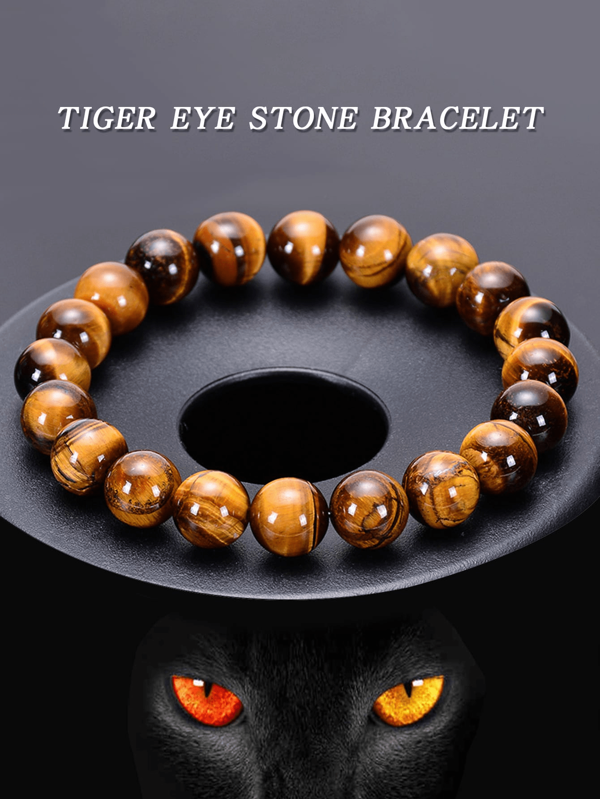 1pc Tiger Eye Beaded Bracelet, Natural Stone Round Bead Handmade Yoga Energy Bracelet, Fashion Jewelry Gift