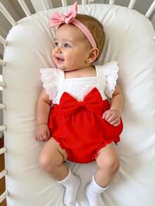 可爱时尚女宝宝撞色夏季连体衣白色蕾丝点缀交叉绑带拼接红色三角裤蝴蝶结设计 Hayi 连体衣 - 紅色 - 查看 6