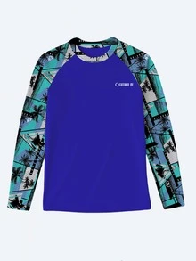 Cottoon Uv Children's Beach Set Boy Long Sleeve Shirt UV Protection Blouse And Printed Swim Trunks Premium Summer Men's Kit - Màu xanh lam - Xem 2