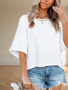 Women's Summer Casual Crewneck Batwing Half Sleeve T-Shirts Solid Color Loose Fit Cute Basic Flowy Tops Tees Blouses - 白色 - 查看 1