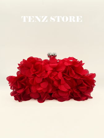 Elegant Red Floral Petal Satin Evening Clutch Bag – Double Chain Design, Handheld & Crossbody, Perfect For Prom, Spring Weddings, Parties, Cocktail Events, Vacation Looks, Graduation, Gender Reveal Party And Formal Occasions