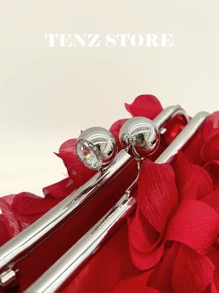 Elegant Red Floral Petal Satin Evening Clutch Bag – Double Chain Design, Handheld & Crossbody, Perfect For Prom, Spring Weddings, Parties, Cocktail Events, Vacation Looks, Graduation, Gender Reveal Party And Formal Occasions