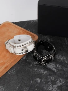 Yanxyad Punk Cuff Bracelet Studded Rock Wristband Sets For Men Women, Adjustable Strap Bangle, Goth Bracelets Jewelry Set Vintage 80s Emo Style, PU Leather, Unisex Fashion Wristbands -Black & White