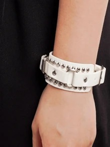 Yanxyad Punk Cuff Bracelet Studded Rock Wristband Sets For Men Women, Adjustable Strap Bangle, Goth Bracelets Jewelry Set Vintage 80s Emo Style, PU Leather, Unisex Fashion Wristbands -Black & White