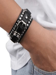 Yanxyad Punk Cuff Bracelet Studded Rock Wristband Sets For Men Women, Adjustable Strap Bangle, Goth Bracelets Jewelry Set Vintage 80s Emo Style, PU Leather, Unisex Fashion Wristbands -Black & White