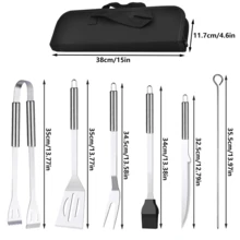 10件套不锈钢烧烤配件套装，便携实用，包含烧烤工具和餐具，配有收纳袋，适合户外烧烤、露营和后院用餐，是理想的父亲节烧烤礼物。