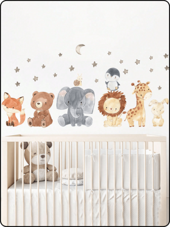 1 set de adhesivos de pared con diseños de elefante, león, jirafa, estrella y luna, para decoración de la habitación de los niños, autoadhesivos