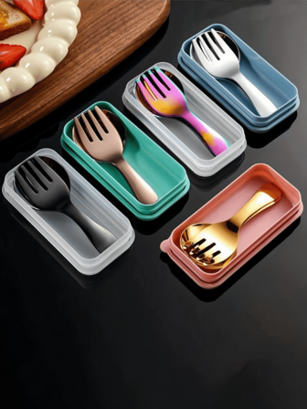 3 件套便携式不锈钢儿童餐具套装，包括带储物盒的折叠餐具 - 叉子、勺子和储物盒，非常适合办公室、厨房、学校、野餐、露营和户外活动、返校礼物、学校用品