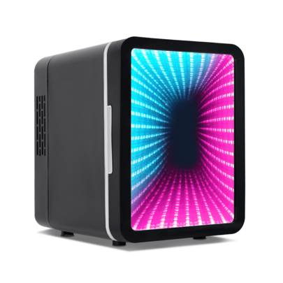 Tunnel-Light Skincare Fridge & Portable Mini Cooler - 13-Color LED, Mirror Door, 4L/6-Can (Black)