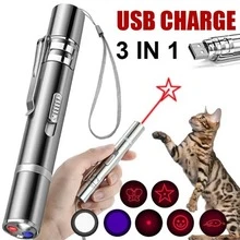 PETSIN 3-In-1 Cat Toys Laser Pen - Red Laser, UV Light, White Light 3 Modes, 5 Red Laser Chase Patterns, UV Wood's Lamp, LED White Flashlight, USB Rechargeable (60mAh), Stainless Steel Material, Pet Training & Interactive Toys