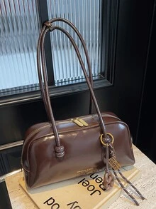 1件純色亮面PU皮革女款時尚大容量保齡球包，雙手提肩背包，拉鍊開合 - 咖啡 - 查看 6